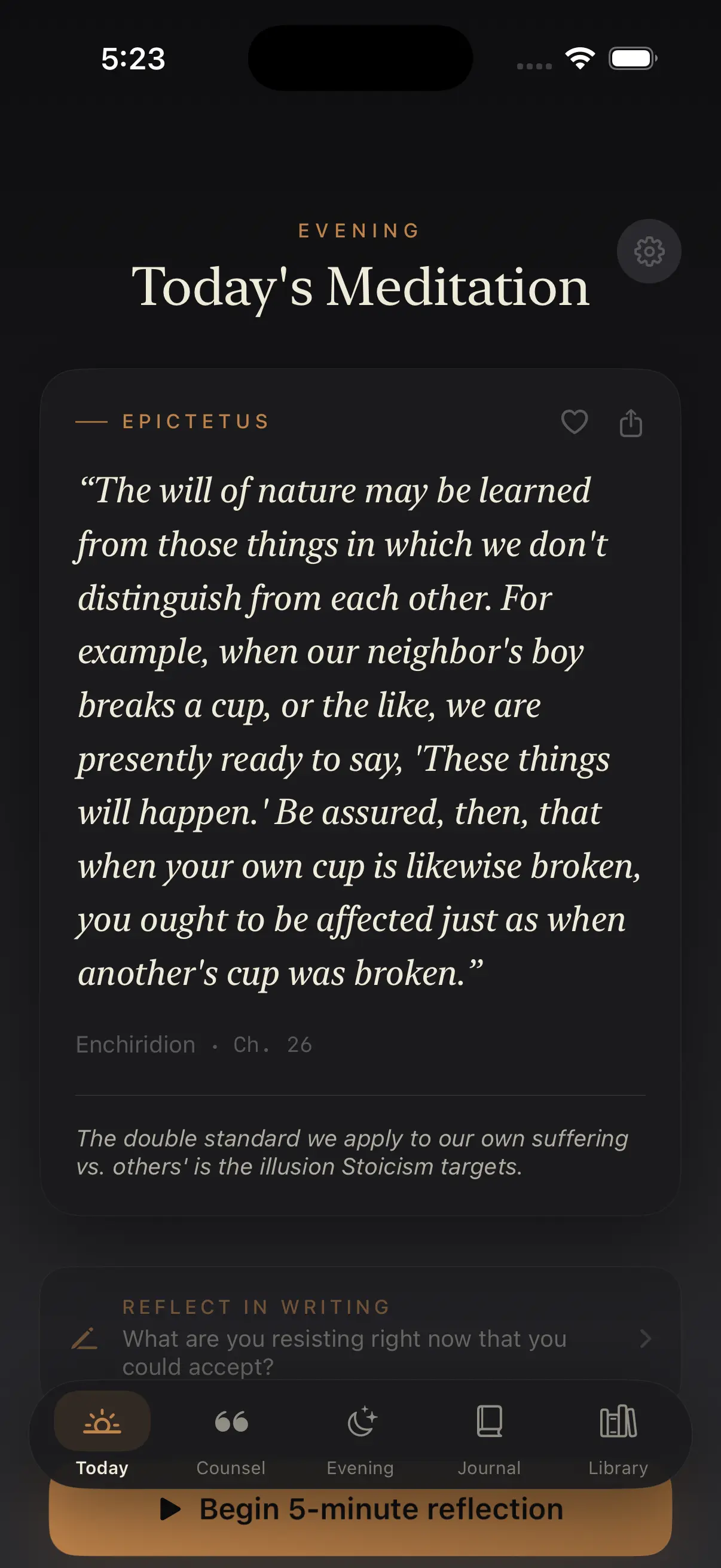 Ataraxia app showing today's Stoic meditation passage and a calm reflection prompt for the day