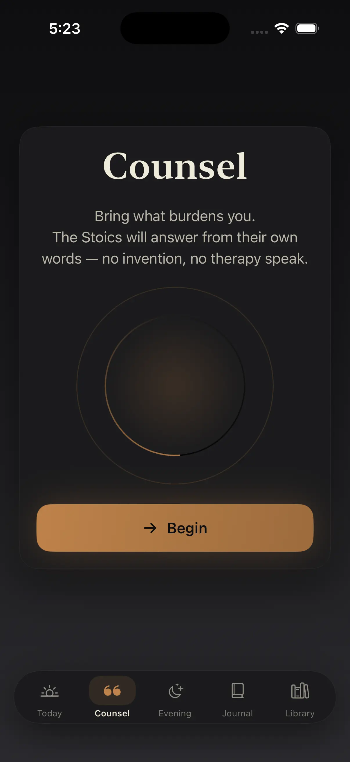Ataraxia app Counsel screen helping sort a worry into what is and is not within your control