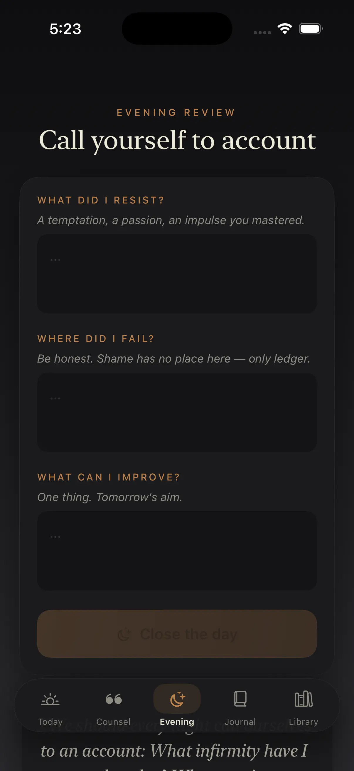Ataraxia app journal and evening review screen for writing short Stoic reflections in your own words