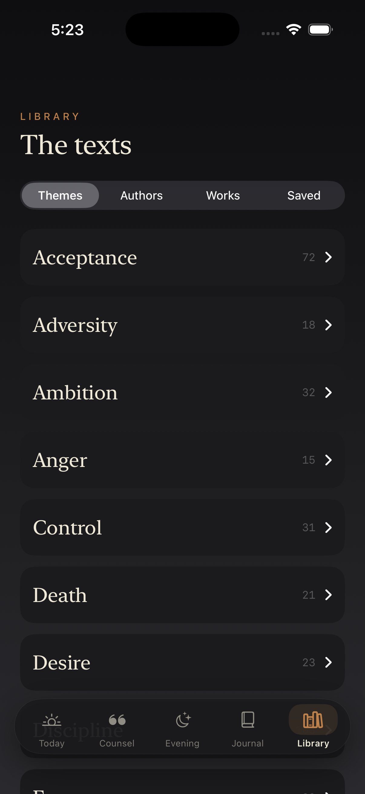 Library — browse 400+ passages by theme, author, or work