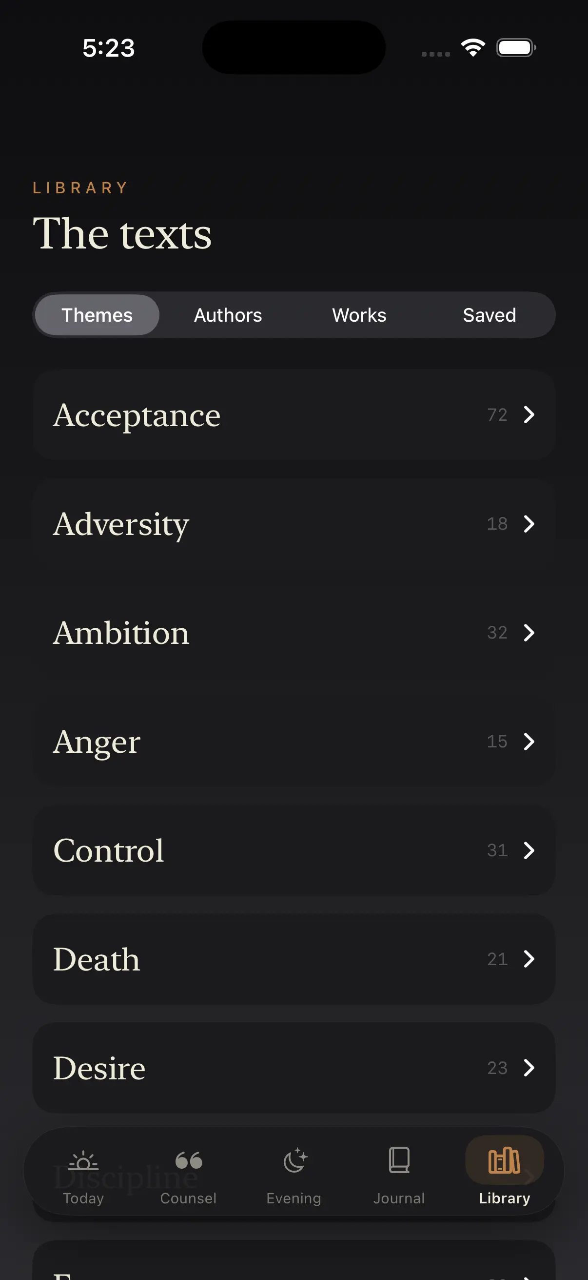 Ataraxia app library screen showing 400 plus Stoic passages browsable by theme, author, and work