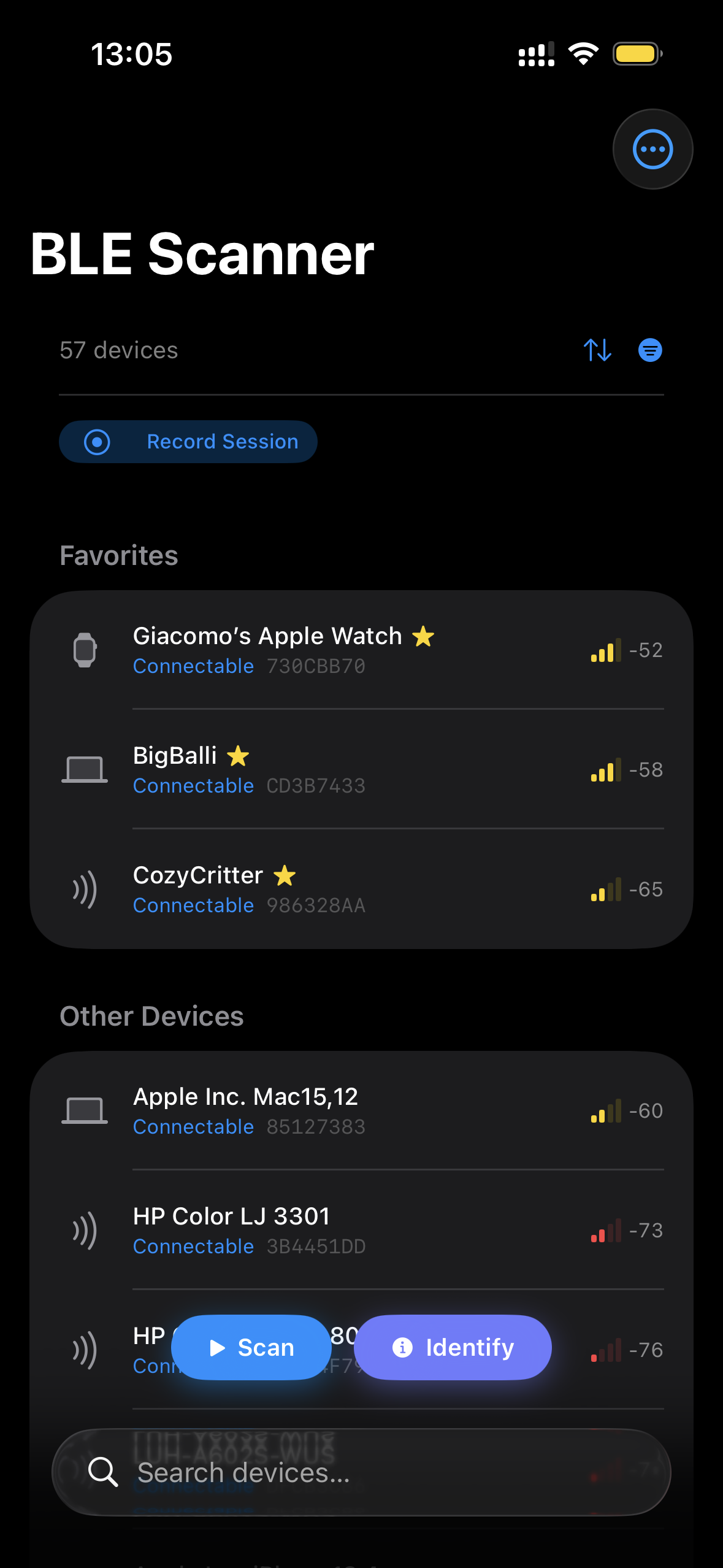 BLE Scanner main screen showing discovered Bluetooth devices