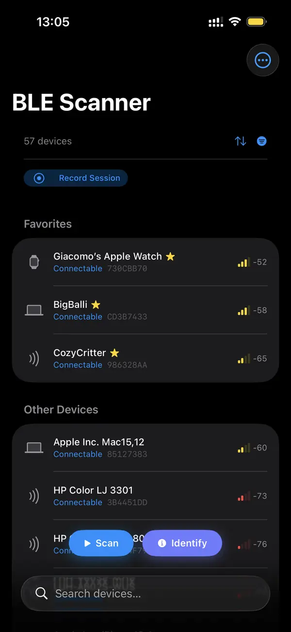 BLE Scanner app main screen listing discovered Bluetooth Low Energy devices with names and signal strength