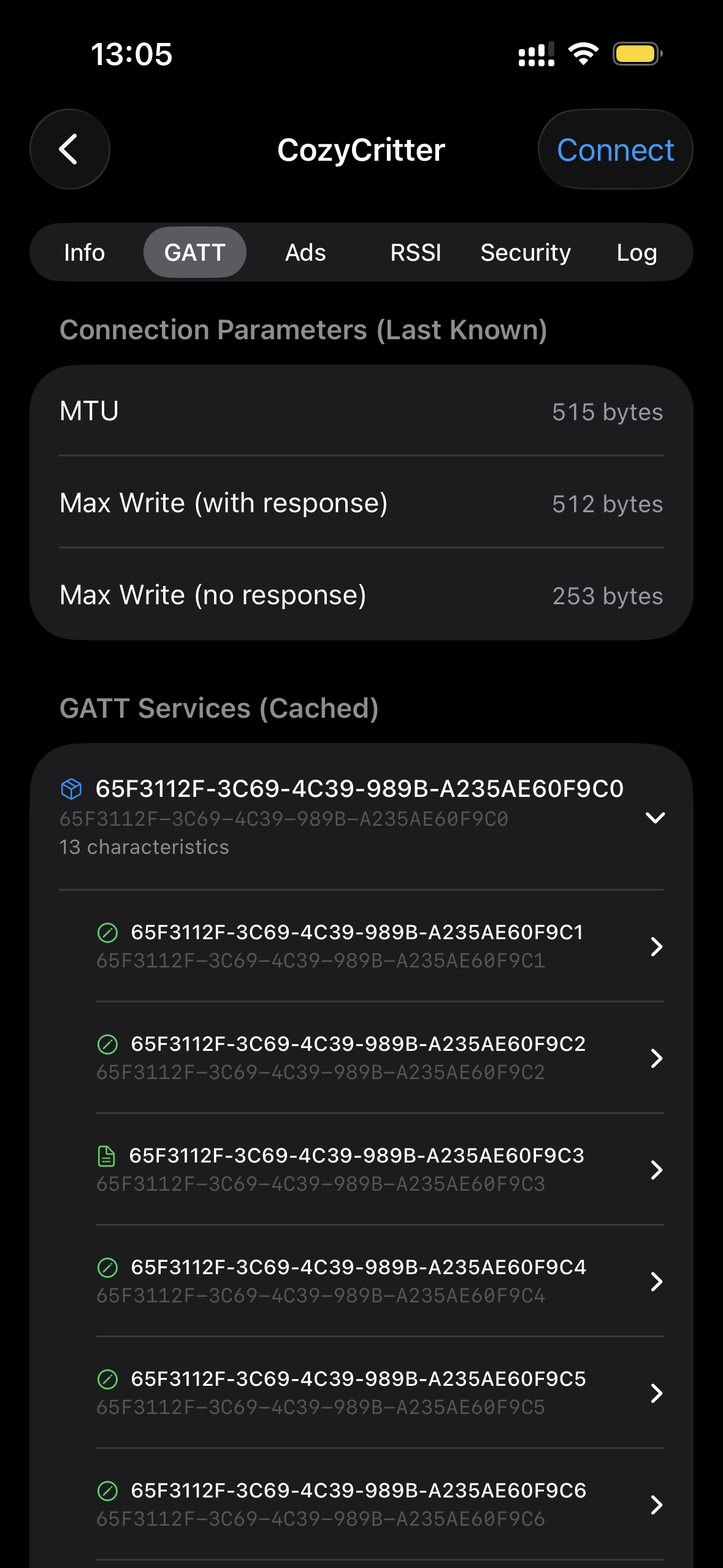 BLE Scanner GATT browser showing services and characteristics