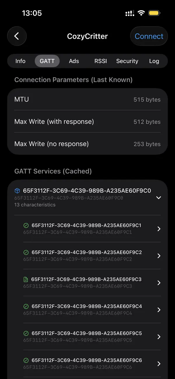 BLE Scanner app showing a characteristic detail view with read and write controls for a connected device