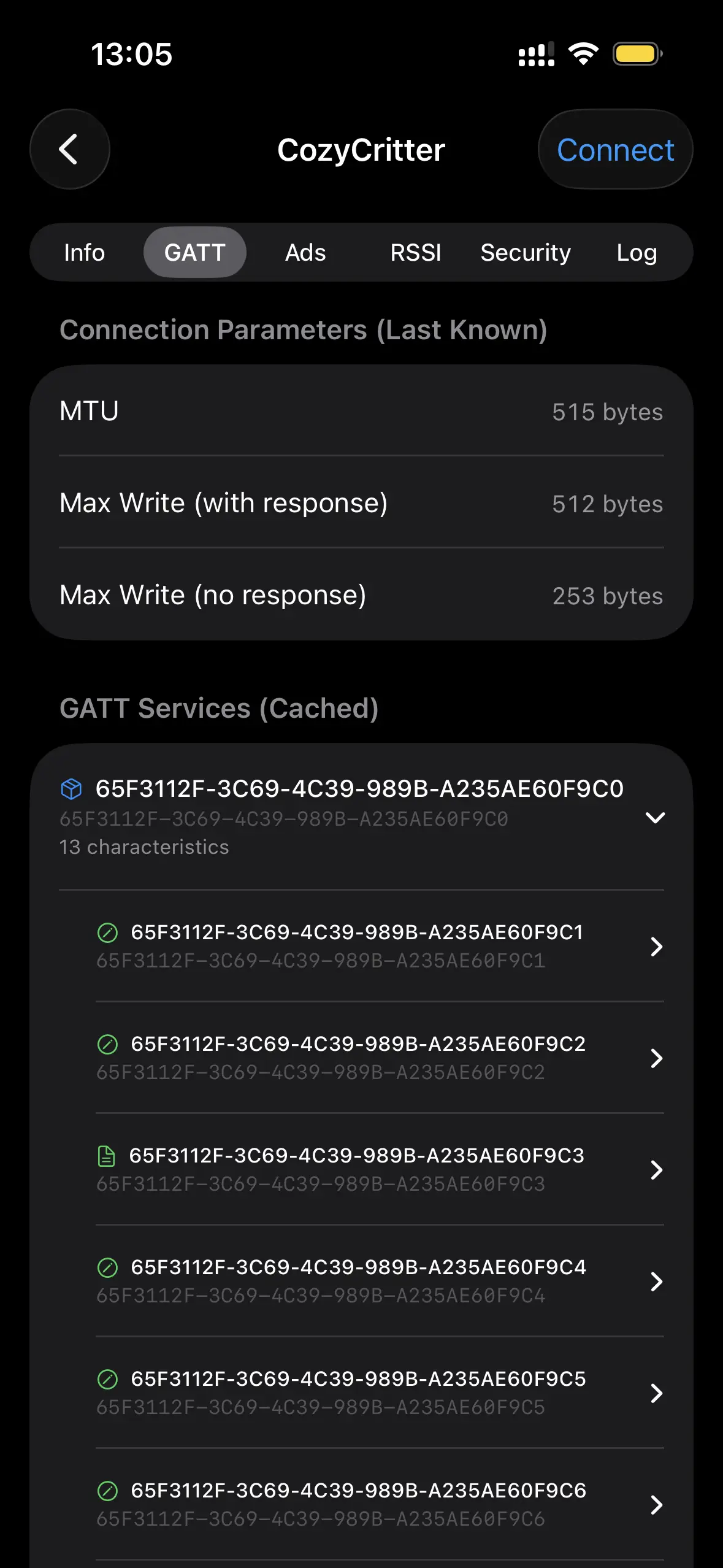 BLE Scanner app showing a GATT service tree with services, characteristics, and descriptors for a connected device