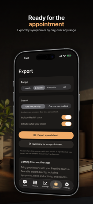 Exporting the history by symptom or by day for an appointment
