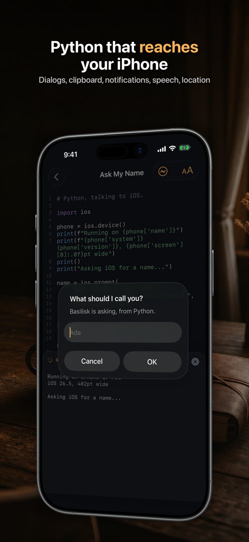 A Python script calling ios.prompt, with a real iOS dialog asking for a name