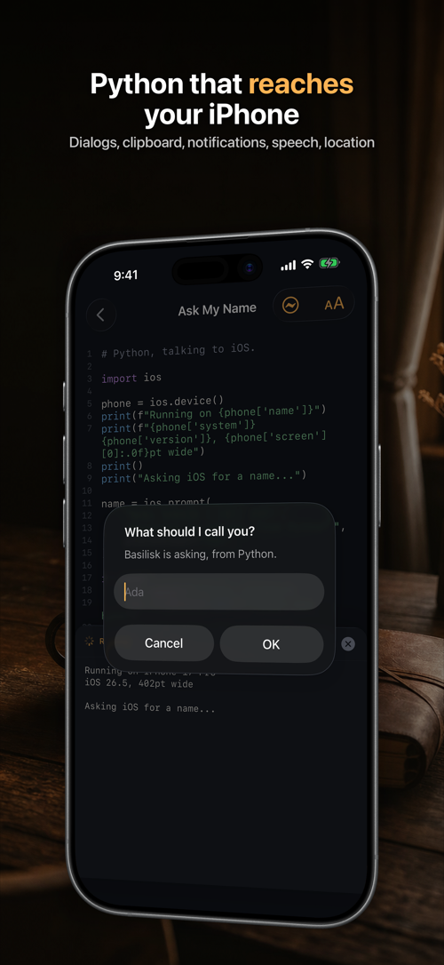 A Python script calling ios.prompt, with a real iOS dialog asking for a name