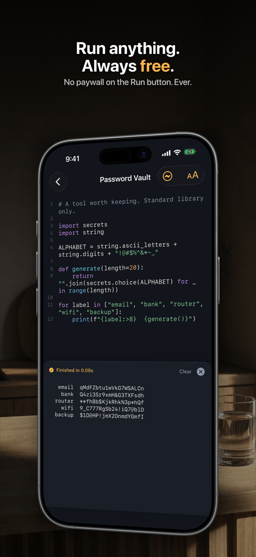 The editor with output streaming into the console below it