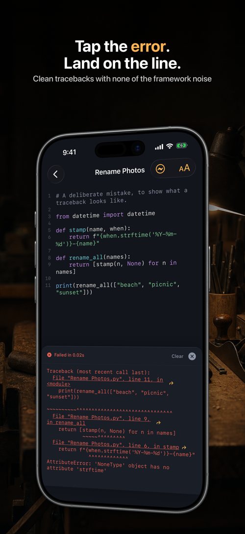 A clean traceback where the file and line are tappable