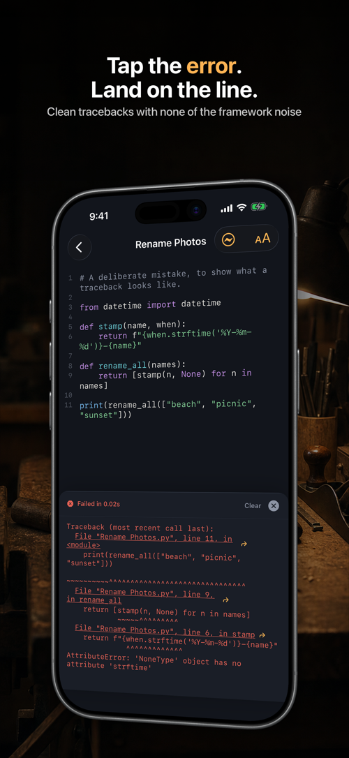 A clean traceback where the file and line are tappable