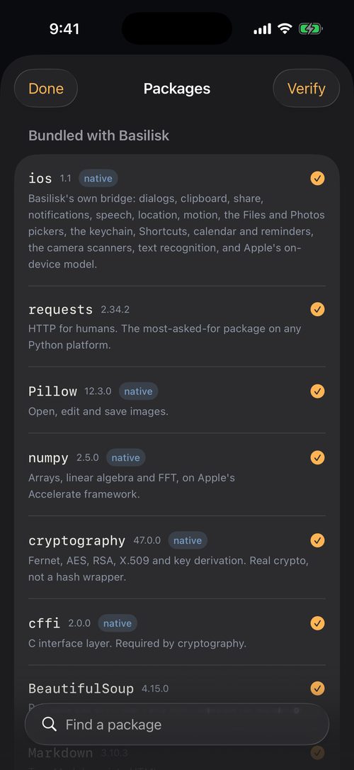 The Packages screen listing bundled packages with a Verify button