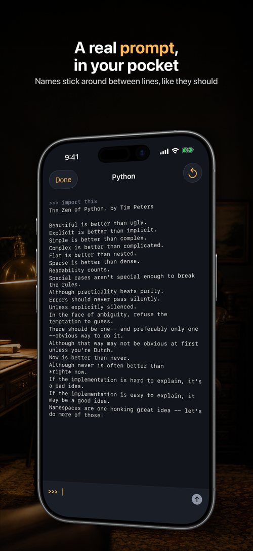An interactive Python prompt keeping names between lines