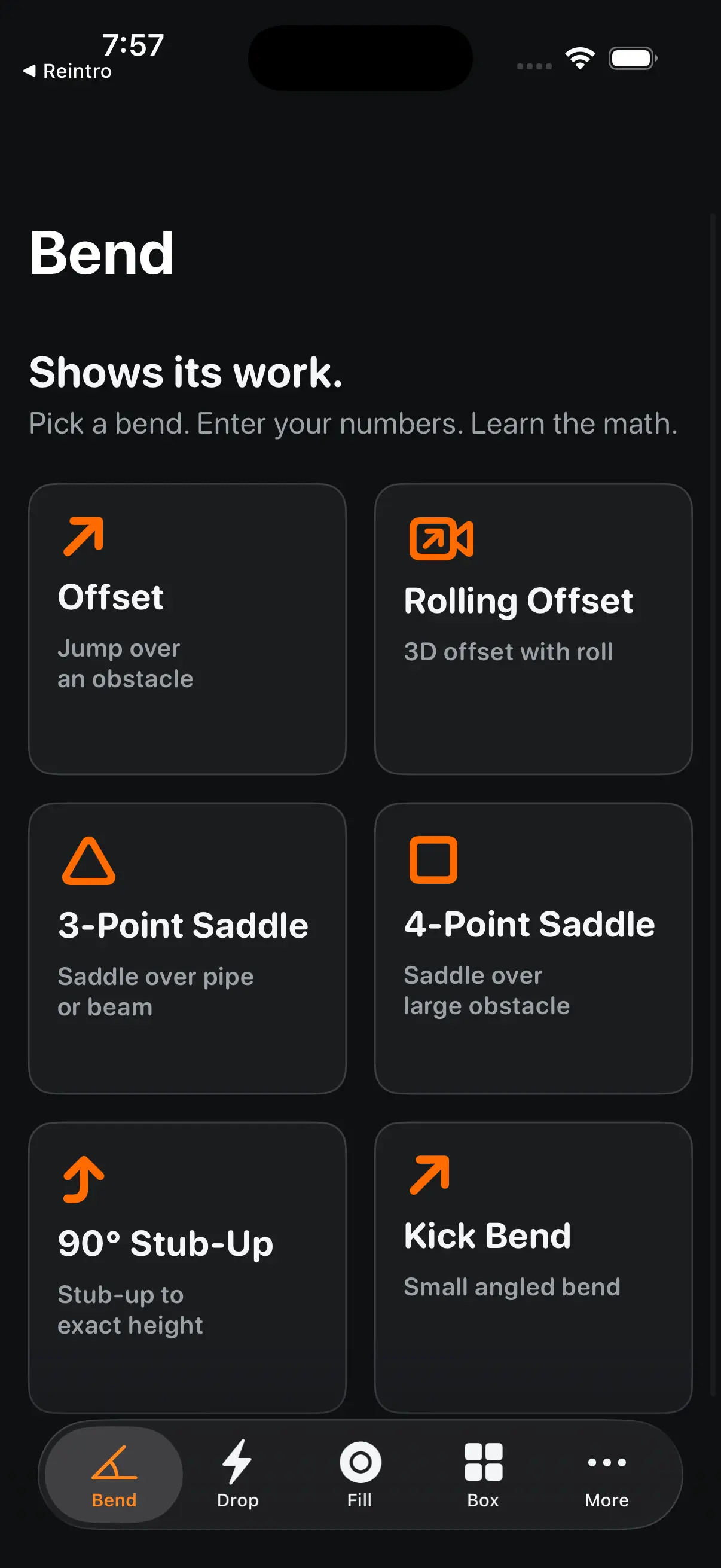 BendMarks app bend calculator hub showing the stub-up and other bend options for an electrician
