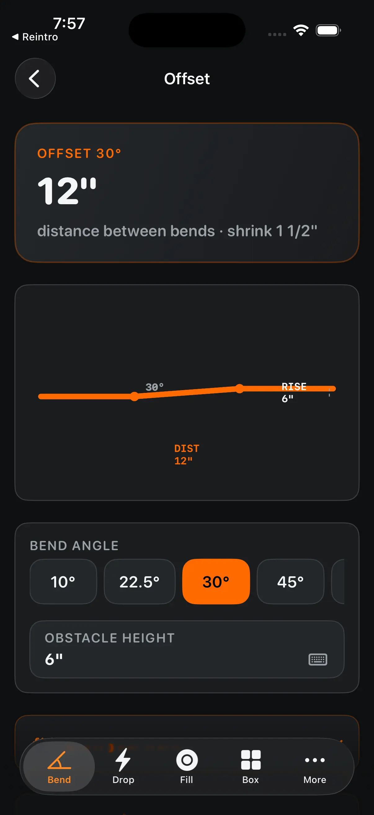BendMarks app displaying a conduit bend with the deduct take-up value and stub height on a labeled diagram