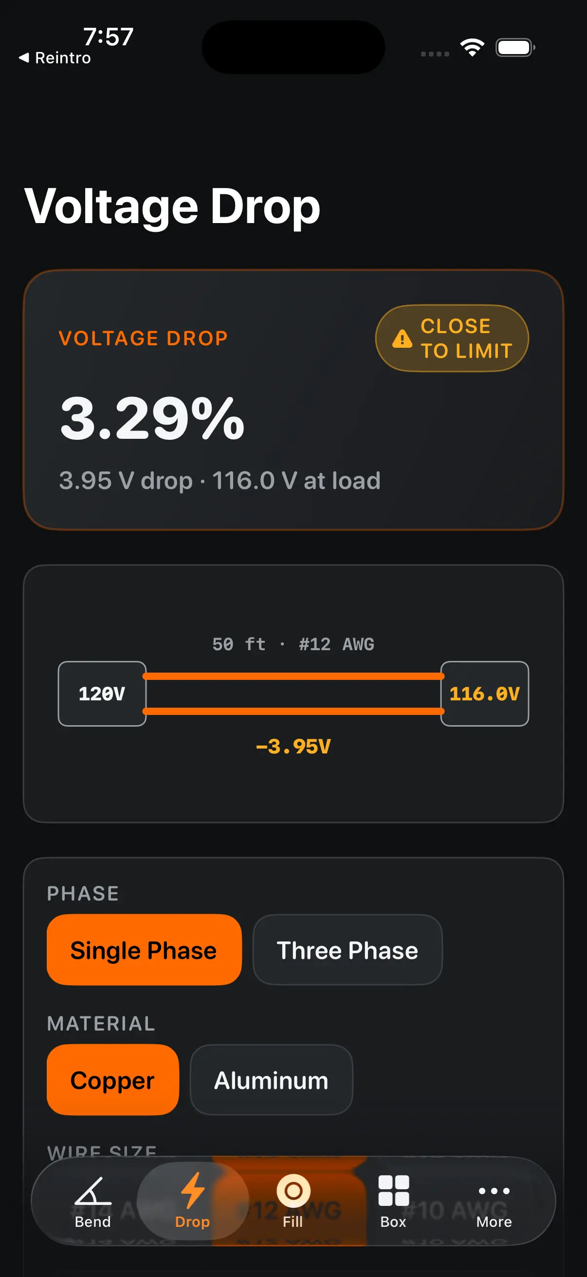 BendMarks app showing a voltage drop calculation with a pass result and the percentage drop for a copper conductor run