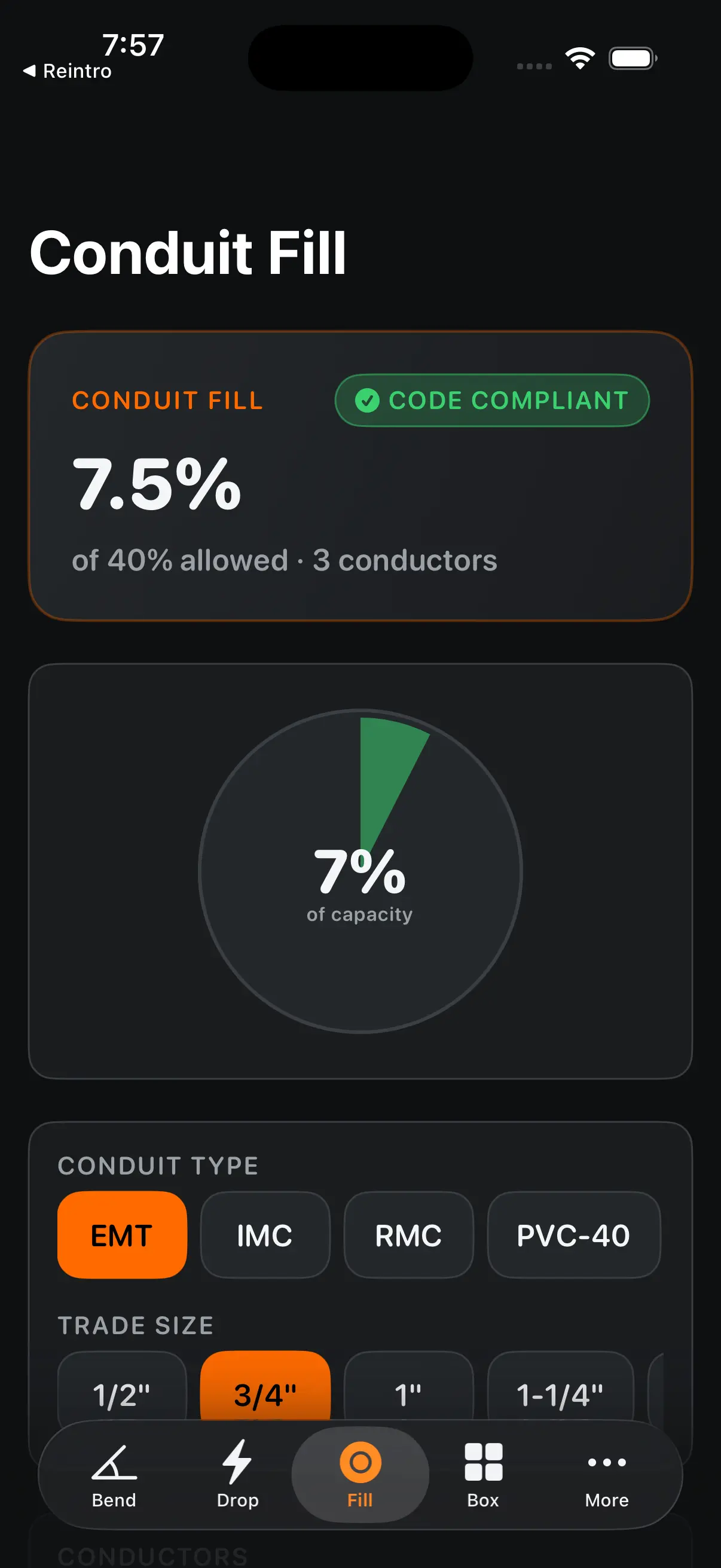 BendMarks app showing a conduit fill calculation with a pie chart of percent fill and a code-compliant result for the conductors