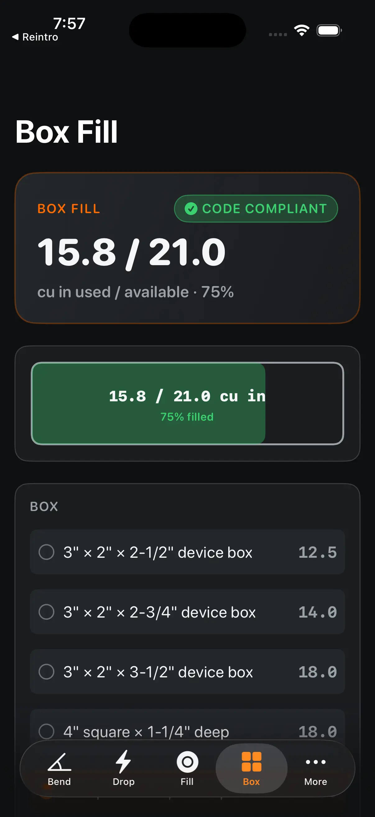 BendMarks app showing a box fill calculation with a capacity indicator and a pass result for the conductors and devices