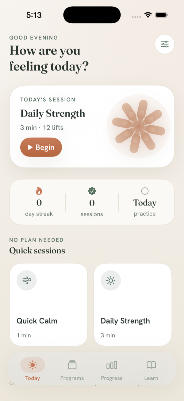 Bloom home screen with today's guided session, a day streak, and quick sessions.