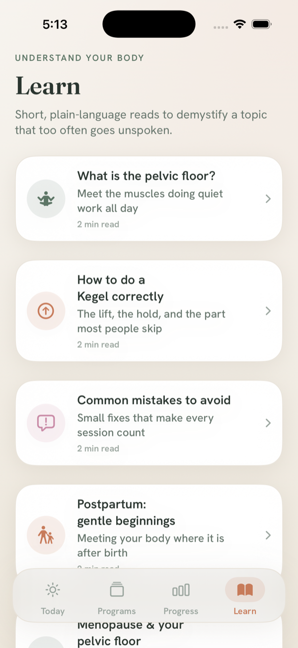 Bloom's Learn library with short, plain-language reads about the pelvic floor.