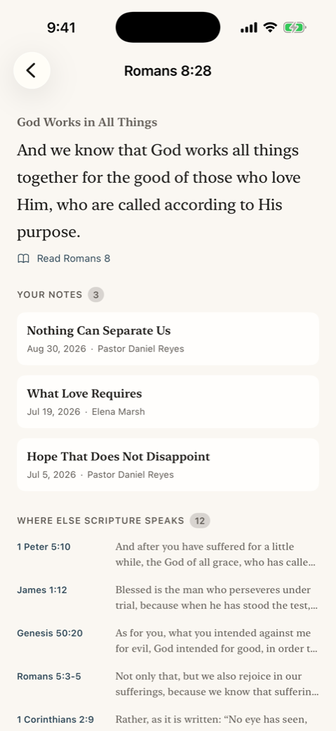The verse screen for Romans 8:28, showing three of your own notes on it and its cross references