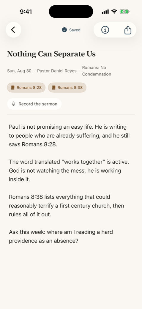 A sermon note being written, with verse chips for Romans 8:28 and Romans 8:38 already formed