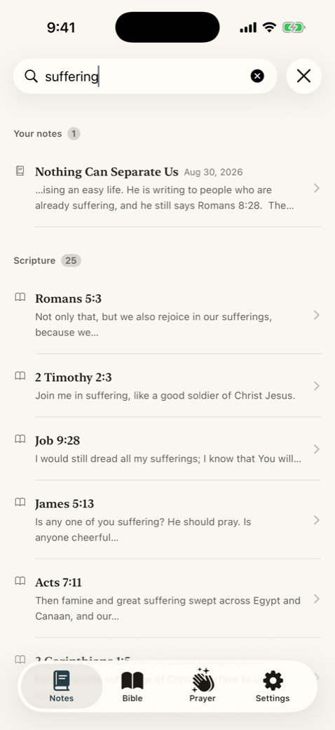 One search returning your own notes above matching scripture