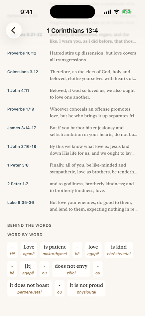 Word by word Greek for 1 Corinthians 13:4