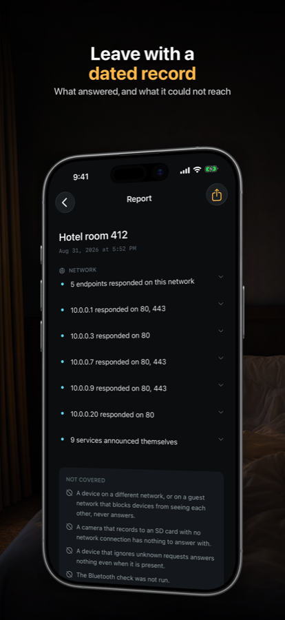 A saved inspection report for Hotel room 412, listing the endpoints that responded and the services that announced themselves