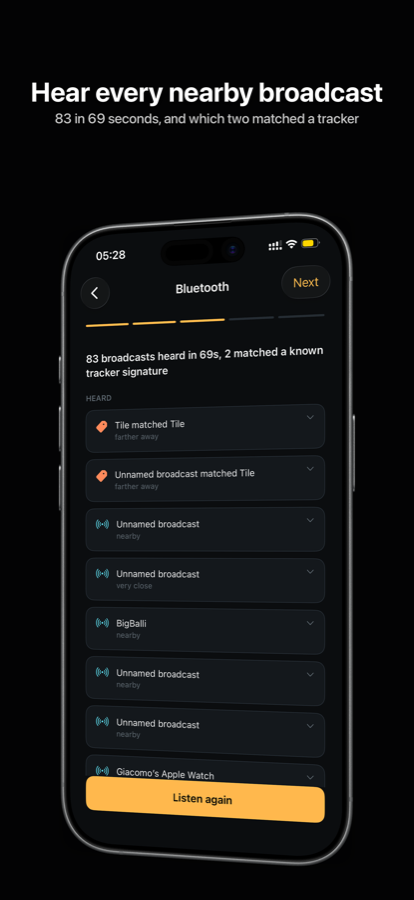 The Bluetooth check reporting 83 broadcasts heard in 69 seconds and which matched a tracker signature