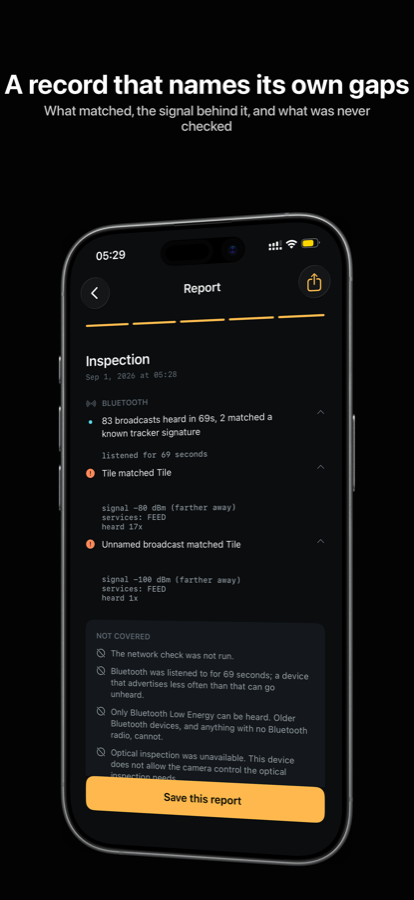 A report line naming a broadcast that matched a known tracker signature