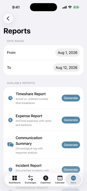 Reports screen listing five court-ready PDF report types