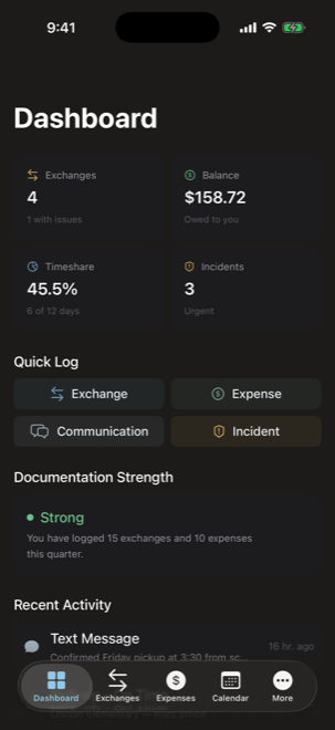 Dashboard in dark mode showing timeshare percentage and balance