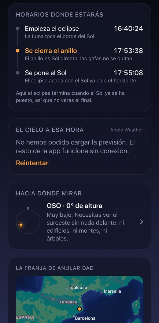 Cronología de la app Eclipse para Girona el 26 de enero de 2028: el anillo se cierra a las 17:53:38, el Sol se pone a las 17:55:08 y un aviso recuerda que el anillo es Sol directo y las gafas no se quitan