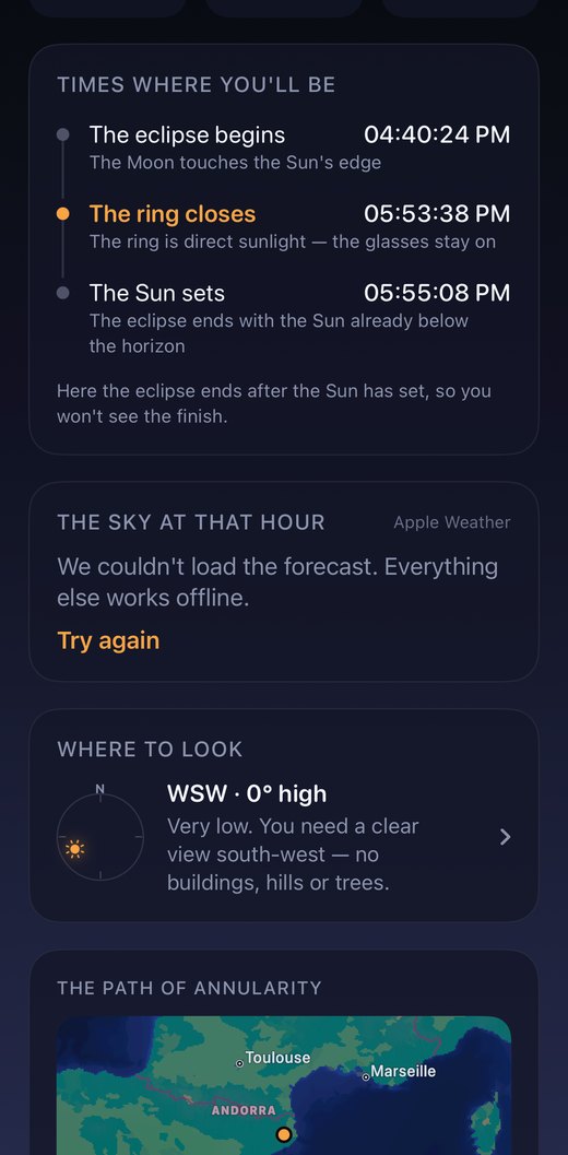 Eclipse app timeline for Girona on 26 January 2028 showing the ring closing at 17:53:38, the Sun setting at 17:55:08, and a warning that the ring is direct sunlight so the glasses stay on
