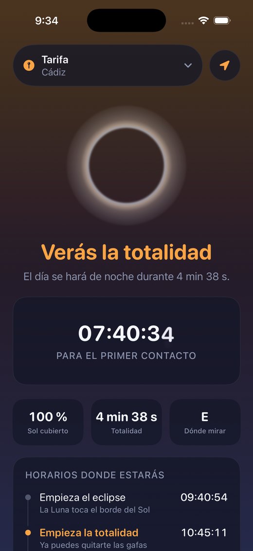 La app Eclipse mostrando Tarifa, en la provincia de Cádiz, con 4 minutos y 38 segundos de totalidad, el Sol cubierto al 100 por cien y la dirección de observación hacia el este