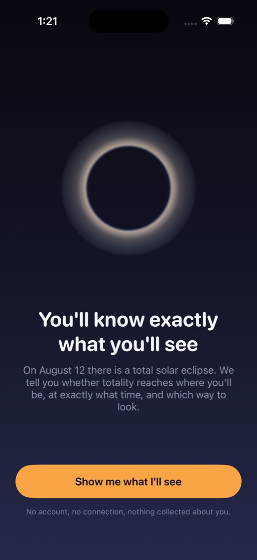 Eclipse welcome screen showing the solar corona around a black lunar disc.