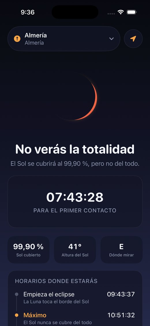 La app Eclipse mostrando Almería con el Sol cubierto al 99,90 por ciento a 41 grados de altura, las horas de contacto en hora local y la dirección de observación hacia el este