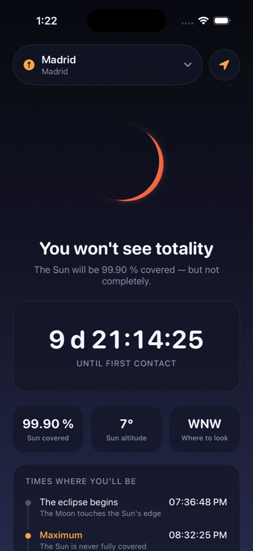 Madrid: the Sun 99.90 % covered, countdown to first contact, Sun altitude 7 degrees, look west-northwest.