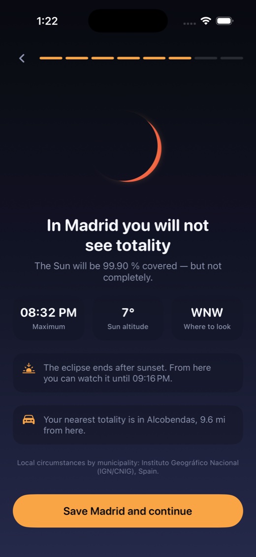 A verdict screen explaining the eclipse ends after sunset and the nearest totality is in Alcobendas, 9.6 miles away.