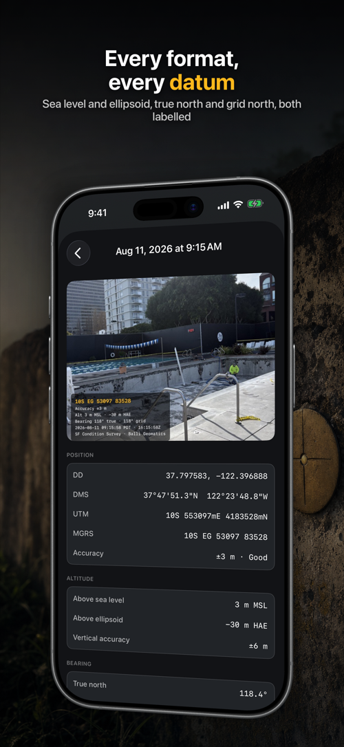 Capture detail showing all four coordinate formats, both altitudes and both bearings