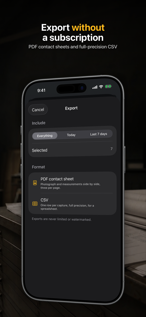 Export screen offering a PDF contact sheet and a full-precision CSV