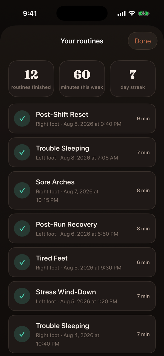History screen showing routines finished, minutes this week, and a running day streak