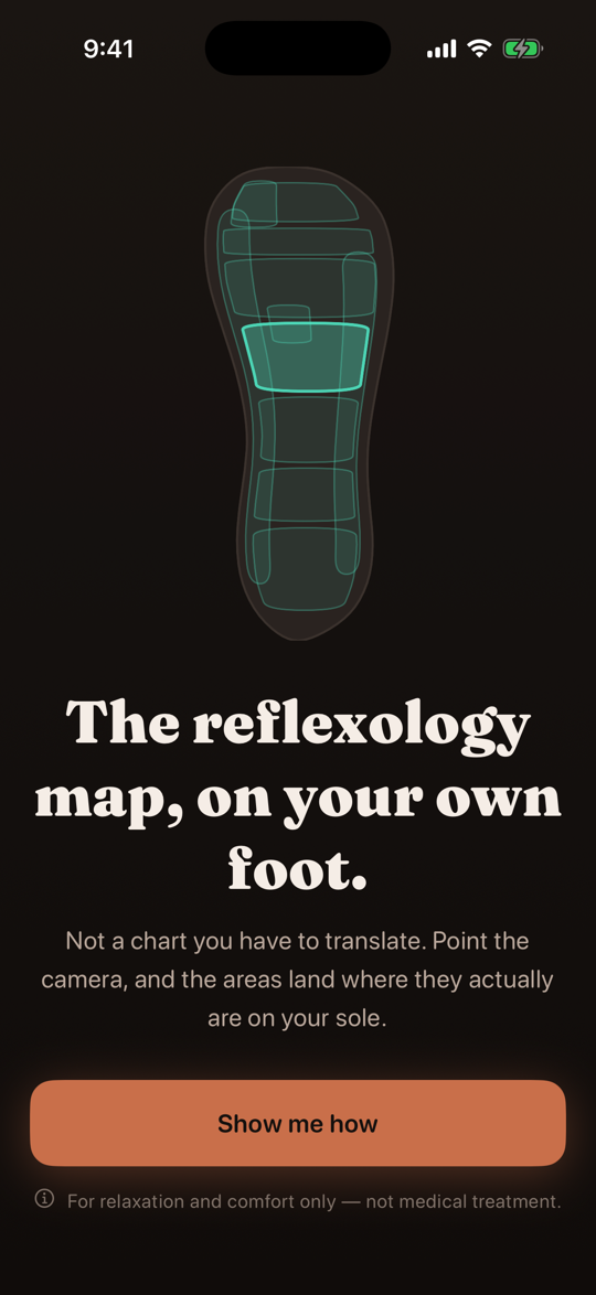 FootMassage opening screen showing the reflexology zones drawn on a sole