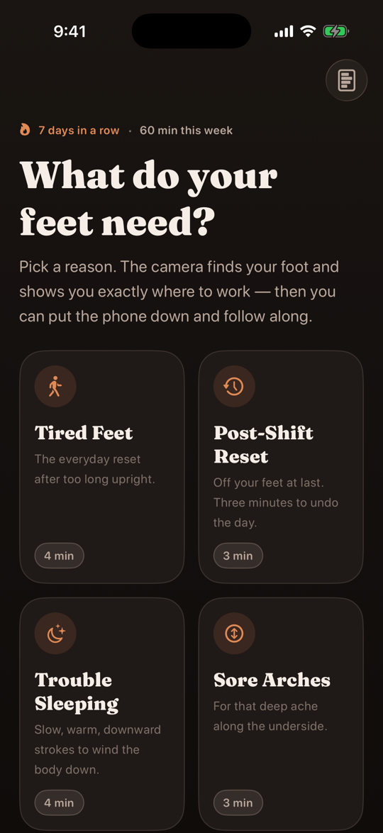 Routine library with a seven-day streak and fourteen routines to choose from
