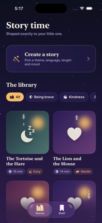 The Gentle Tales library: a Create a story card above classic tales like The Tortoise and the Hare and The Lion and the Mouse, tagged by length and mood.