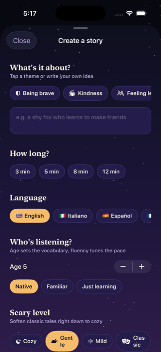 The Create a story screen: pick a theme, length, language, child's age and fluency, and a scary level from cozy to classic.