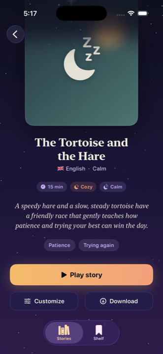 The Tortoise and the Hare story page with Play, Customize and Download buttons, length and mood tags, and a gentle summary.