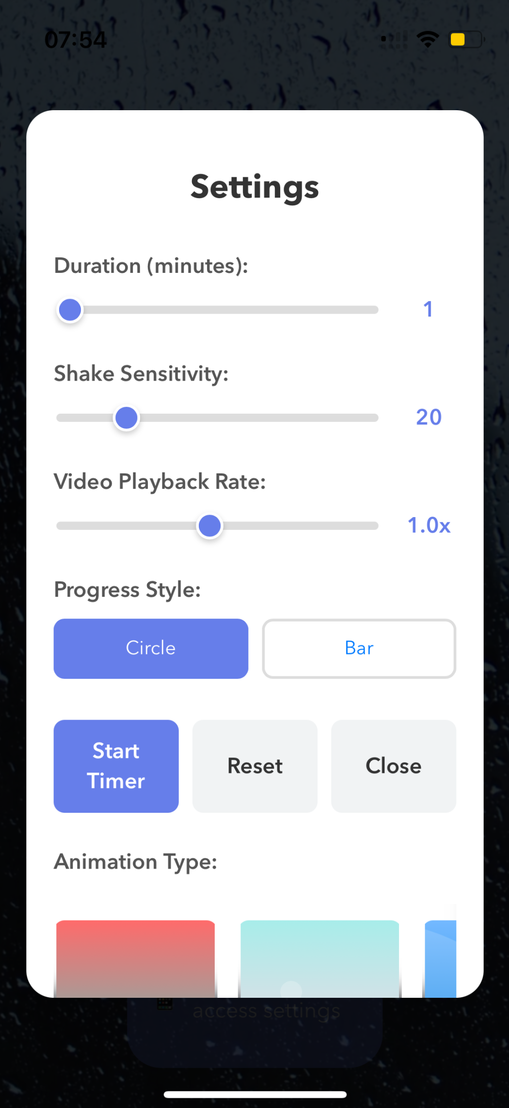 GentleTimer settings screen with duration and animation controls